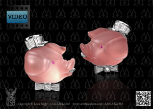 Leon Mege rose quartz piglet's head cufflinks with diamond baguettes top hats