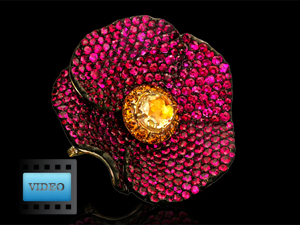 Ruby and yellow diamonds poppy flower ring by Leon Mege
