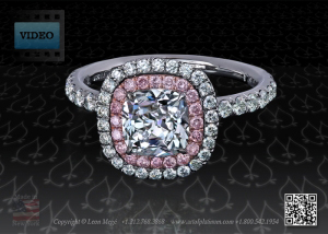 Double halo micro pave engagement ring with pink diamonds in rose gold by Leon Mege