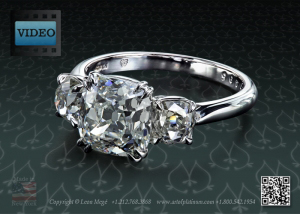 Classic Three Stone Ring with Cushion Cut Diamond by Leon Megé