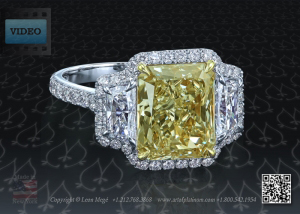 Fancy yellow radiant diamond with micro pave and trapezoid diamonds by Leon Mege