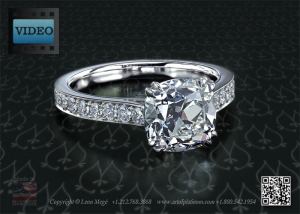 Antique cushion diamond with millegrain pave engagement ring by Leon Mege