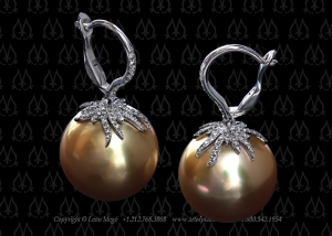 Micro pave golden pearl earrings by Leon Mege