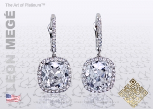 Halo cushion diamond earrings by Leon Megé