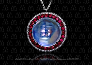 Moonstone reversible micro pave pendant with yellow diamonds, rubies and white diamonds by Leon Mege