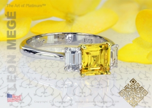 Yellow sapphire and diamonds three stone ring by Leon Mege