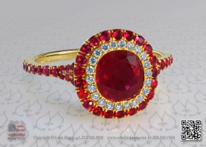 Burmese ruby in a double halo mounting set with rubies and white diamond micro pave by leon mege