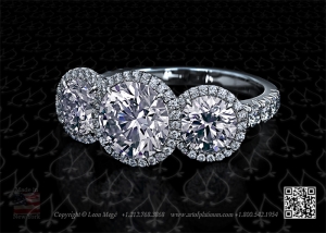 Three stone round diamond engagement ring by Leon Mege