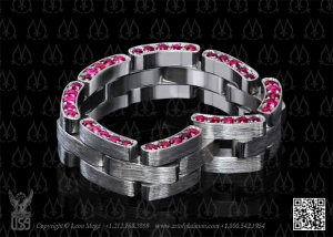 Unisex flexible wedding band with ruby set edge by Leon Megé.