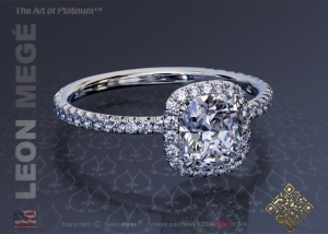 Halo antique cushion engagement ring by Leon Mege