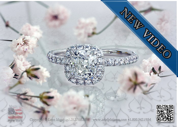 Dynasty cut cushion diamond in halo ring by leon Mege
