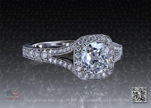 antique cushion diamond in a millegrain halo split shank ring by Leon Mege