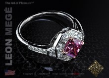 Engagement ring with a 1.00 carat pink princess cut diamond and trapezoid side stones by Leon Megé.