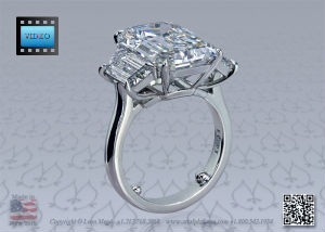 10 carat emerald cut diamond in a three stone ring by leon mege