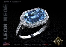 Art deco looking aquamarine ring with double halo by Leon Mege.