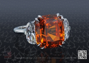 Three stone ring with 13 carat mandarin garnet by Leon Mege