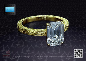 Hand engraved solitaire engagement ring with emerald cut diamond by Leon Megé