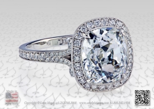 Custom made solitaire ring with three carat true antique cushion diamond by Leon Mege.