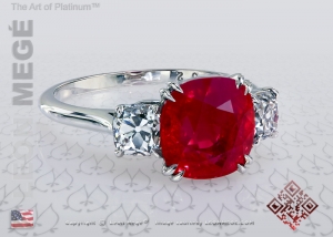 Burmese ruby in a three stone ring mounting by Leon Mege