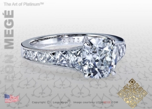 Antique cushion solitaire diamond engagement ring by Leon Megé