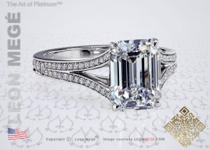 Emerald cut diamond solitaire engagement ring with micro pave by Leon Mege.