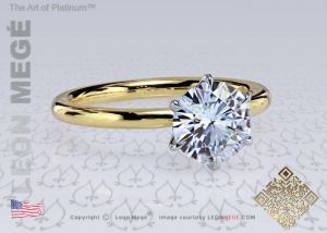 round moissanite set in a tiffany style engagement solitaire ring by leon mege