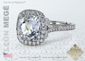Cold Fusion antique cushion diamond halo engagement ring by Leon Mege.