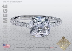 Cushion diamond solitaire engagement ring with micro pave by Leon Mege.