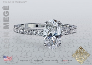 Oval diamond solitaire engagement ring with micro pave by Leon Mege.