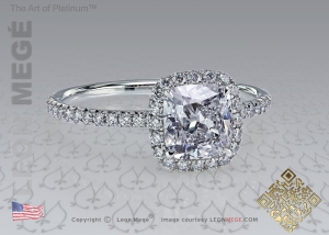 Cushion cut diamond halo engagement ring by Leon Mege