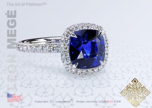 Blue sapphire cushion halo engagement ring by Leon Megé