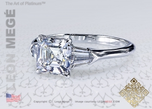 Asscher cut three stone diamond engagement ring by Leon Mege.
