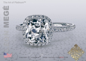 811 halo ring featuring a True Antique Cushion diamond by Leon Mege.