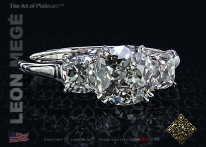 Three Stone Antique Cushion Diamond Engagement Ring by Leon Megé