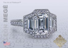 three stone ring with trapezoid diamonds and bright cut pave frame