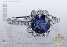 lotus ring with 2 carat round blue sapphire with diamond halo by Leon Mege