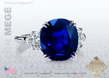  three-stone ring, featuring 6.48 carat cushion blue sapphire.