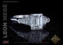Platinum five stone ring with emerald cut diamond and diamond bullets and trapezoid diamonds by Leon Mege.