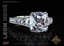 Solitaire platinum engagement ring 4.33 carat antique cushion diamond by Leon Mege.
