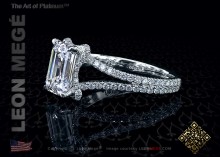 Gina™ custom emerald cut diamond engagement ring with split shank and micro pave by Leon Megé