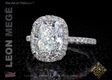 Intricate halo ring, featuring 3.41 carat cushion diamond by Leon Megé.