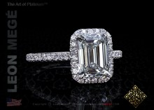 Halo ring, featuring 2.01 carat emerald cut diamond by Leon Mege.