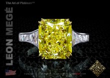 Mon Cheri™ engagement ring featuring a yellow 6.03 carat radiant cut diamond with french cut diamond side stones by Leon Megé