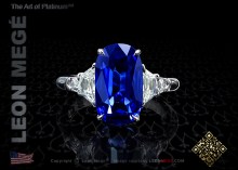 Five stone statement ring featuring a 6.44 carat natural blue sapphire with diamond side stones by Leon Megé