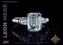 Classic three stone engagement ring with a 2.08 emerald cut diamond by Leon Megé