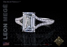 Split shank custom engagement ring featuring an emerald cut diamond by Leon Megé.