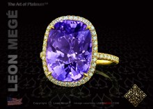 Custom statement ring starring a purple cushion cut sapphire encircled with micro pave by Leon Megé