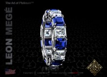 Wedding band featuring Asscher diamonds and sapphires in a shared prong setting by Leon Megé