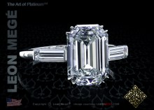 Three stone engagement ring featuring a 3.40 carat emerald cut diamond by Leon Megé