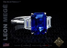 Three stone sapphire engagement with diamond side stones by Leon Megé